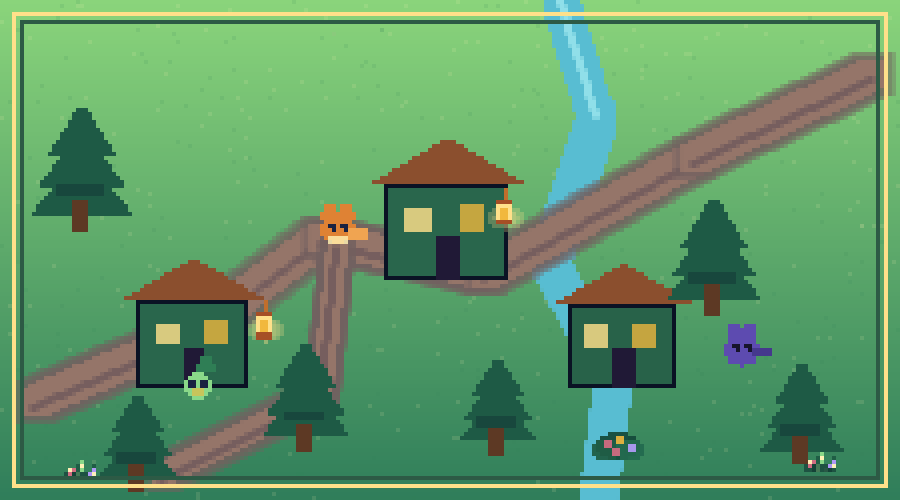 A Habbomon adventure map linking a village, forest routes, battle areas, and Pokémon encounters.
